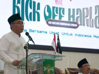 Ketua PBNU  KH Yahya Cholil Staquf saat memberikan sambutan dalam acara Kick Off HarLa ke 102 (foto: Lembaga Ta'lif Wan NasyrPBNU)
