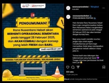 Pusat Kuliner Rans Nusantara Hebat Mengumumkan akan tutup untuk sementara waktu (Foto: Tangkapan Layar Instagram Rans Nusantara Hebat)
