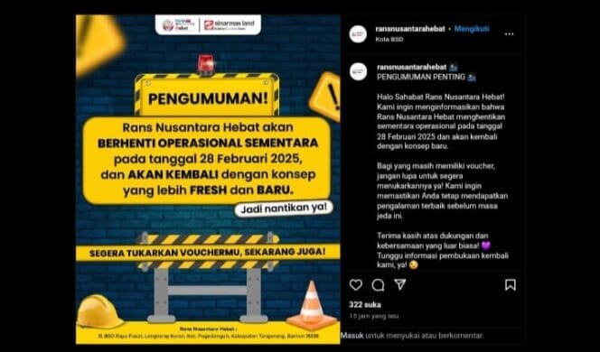 
					Pusat Kuliner Rans Nusantara Hebat Mengumumkan akan tutup untuk sementara waktu (Foto: Tangkapan Layar Instagram Rans Nusantara Hebat)