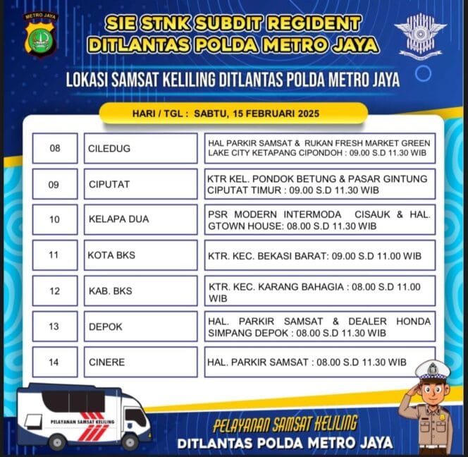 
					Jadwal Samsat Keliling Polda Metro Jaya Untuk Hari Sabtu Ini, Simak Selengkapnya