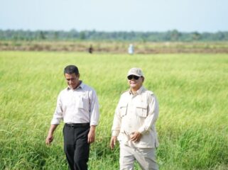 Menteri Pertanian Andi Amran Sulaiman bersama Presiden Prabowo Subianto saat meninjau pematang sawah 
(foto : Humas Kementan)
