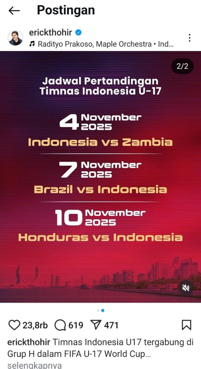 
					Screen shot Unggahan ketua PSSI Erick Thohir ( Foto :  SS IG Erick Thohir)