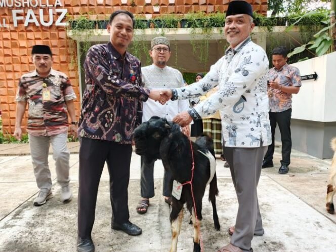 Camat Cempaka Putih, H.R. Igan Muhammad Faisal saat menyerahkan hewan kurban kepada pengurus Masjid. (Foto : Ist)