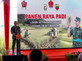 Pangliama TNI Jenderal TNI Agus Subiyanto saat memberikan sambutan dalam acara  Panen Raya Padi. (foto : Puspen TNI)