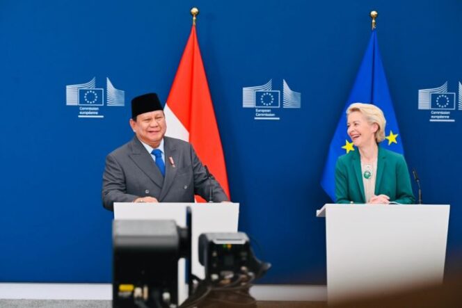 
					Presiden Indonesia Prabowo Subianto saat bertemu dengan Presiden Komisi Eropa Ursula von der Leyen (foto :BPMI Setpres)