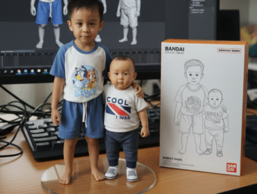 Foto masa kecil dan masa kini yang di gabungkan menjadi action figur lewat LMarena AI