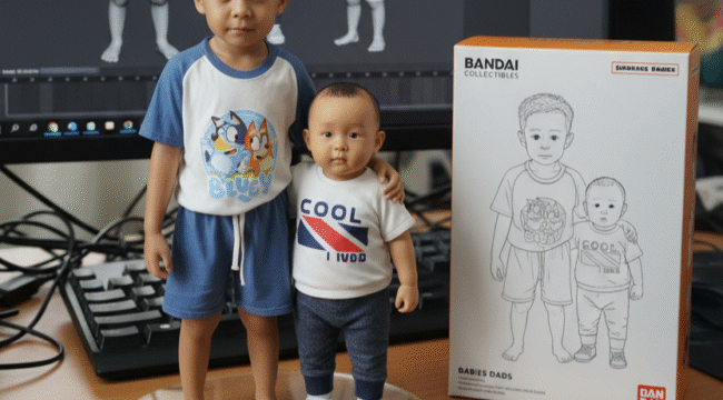 Foto masa kecil dan masa kini yang di gabungkan menjadi action figur lewat LMarena AI