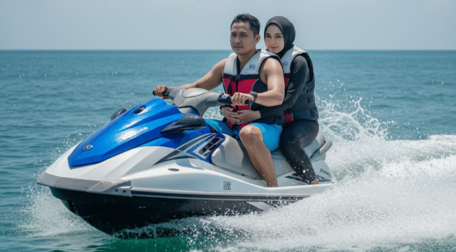 Foto hasil dari Gemini AI, Seorang Pria bermain jetski dengan pancarnya di pantai(Foto: Dok. Jejaknarasi.id)