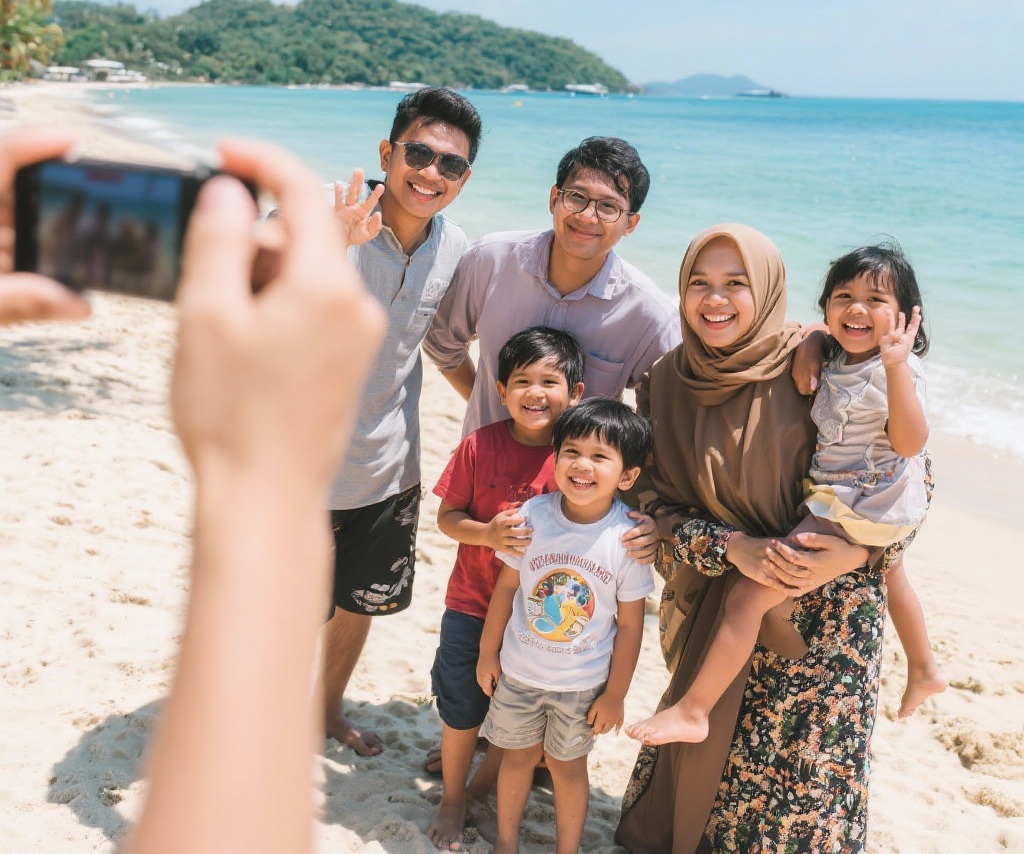 Ilustrasi menikmati liburan bersama keluarga di pantai (Foto: Lmarena AI)