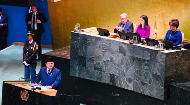 Presiden RI Prabowo Subianto saat pidato di Sidang Majelis Umum PBB. (Foto : Sesneg)