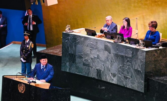 
					Presiden RI Prabowo Subianto saat pidato di Sidang Majelis Umum PBB. (Foto : Sesneg)