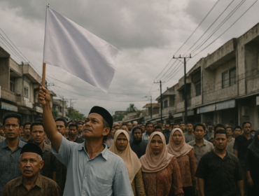 Ilustrasi warga kibarkan bendera putih tanda menyerah (Foto: lmarena)