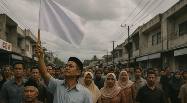 Ilustrasi warga kibarkan bendera putih tanda menyerah (Foto: lmarena)