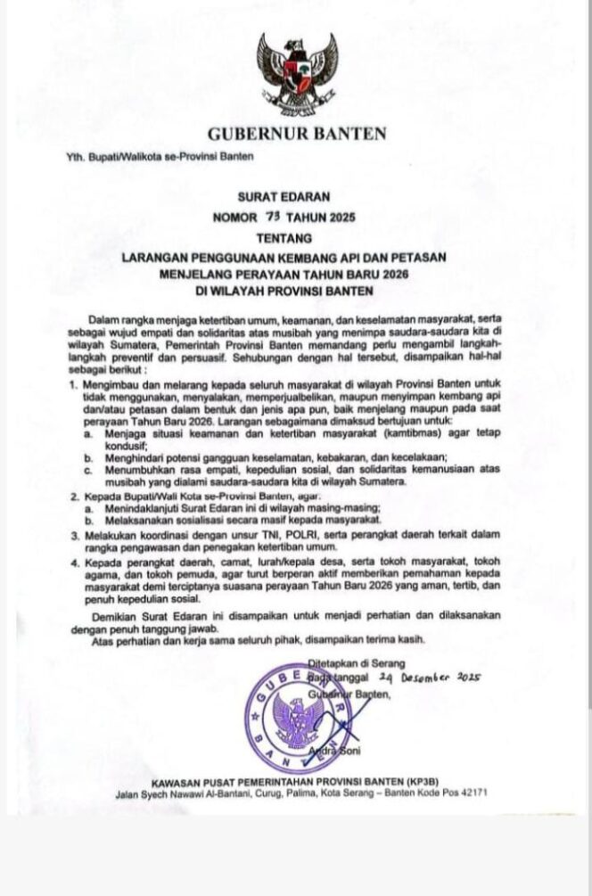 
					Pemprov Banten Terbitkan SE, Larang Penggunaan Kembang Api dan Petasan di Malam tahun Baru 2026