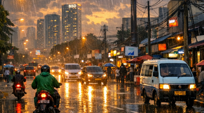 Ilustrasi salah satu wilayah di Kota Tangerang Selatan sedang diguyur hujan (Foto: Lmarena)