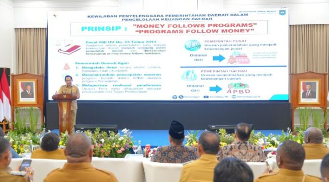 Mendagri Tito Karnavian saat memberikn sambutan dalam acara Peluncuran Rencana Aksi Percepatan Pembangunan Papua (RAPPP) Tahun 2025–2029, di Kantor Kementerian Perencanaan Pembangunan Nasional/Badan Perencanaan Pembangunan Nasional (PPN/Bappenas), Jakarta, Selasa (16/12/2025).. (Foto : Puspen Kemendagri)