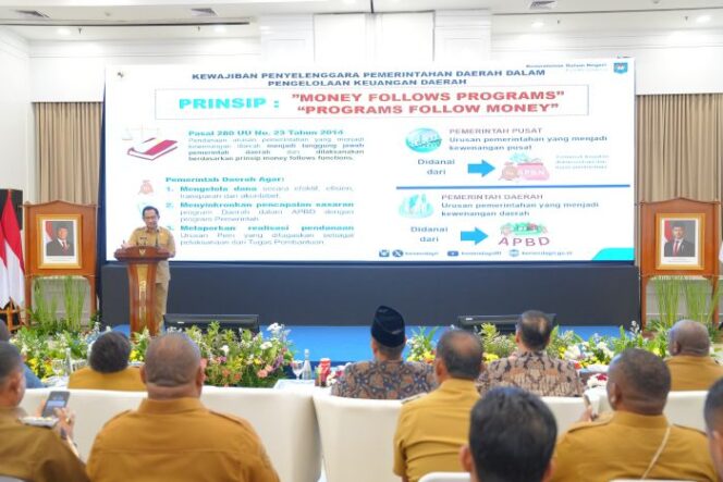 
					Mendagri Tito Karnavian saat memberikn sambutan dalam acara Peluncuran Rencana Aksi Percepatan Pembangunan Papua (RAPPP) Tahun 2025–2029, di Kantor Kementerian Perencanaan Pembangunan Nasional/Badan Perencanaan Pembangunan Nasional (PPN/Bappenas), Jakarta, Selasa (16/12/2025).. (Foto : Puspen Kemendagri)