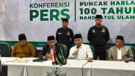 Ketua Umum Pengurus Besar Nahdlatul Ulama (PBNU) KH Yahya Cholil Staquf (Gus Yahya) saat memberikan keterangan kepada wartawan dalam konferensi pers Harla NU ke-100. (Foto: PBNU)