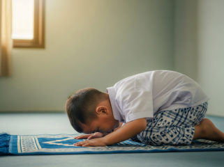 Ilustrasi anak kecil sedang menjalankan sholat. (Foto: AI)