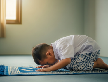 Ilustrasi anak kecil sedang menjalankan sholat. (Foto: AI)