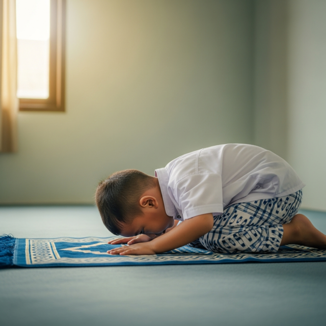 Ilustrasi anak kecil sedang menjalankan sholat. (Foto: AI)