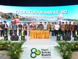 Menteri Agama Nasaruddin Umar saat hadir dalam acara Tasyakuran Hari Amal Bakti (HAB) ke-80 Tahun 2026 dengan tema “Umat Rukun dan Sinergi, Indonesia Damai dan Maju”.. (Foto: Kemenag)