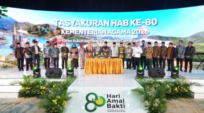 Menteri Agama Nasaruddin Umar saat hadir dalam acara Tasyakuran Hari Amal Bakti (HAB) ke-80 Tahun 2026 dengan tema “Umat Rukun dan Sinergi, Indonesia Damai dan Maju”.. (Foto: Kemenag)