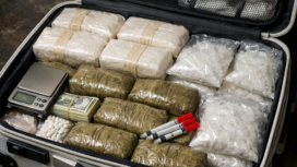 Ilustrasi Koper berwarna putih berisi narkoba. (Foto: AI)