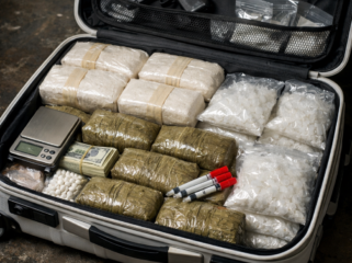 Ilustrasi Koper berwarna putih berisi narkoba. (Foto: AI)