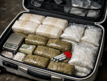 Ilustrasi Koper berwarna putih berisi narkoba. (Foto: AI)