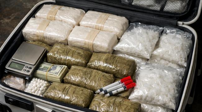 Ilustrasi Koper berwarna putih berisi narkoba. (Foto: AI)