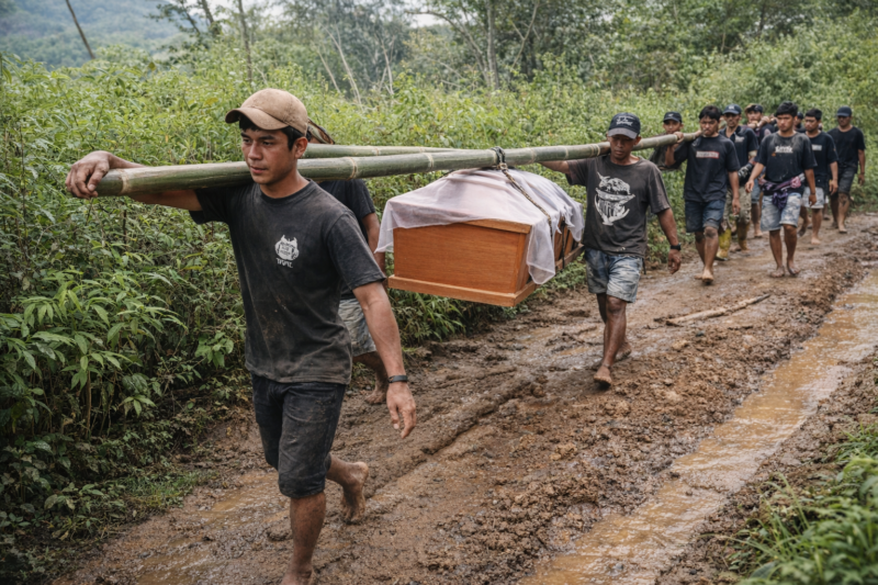 Warga simbuang sedang menandu almarhum kalimbuang sejauh 10 kilometer akibat jalan rusak di wilayah tersebut. (Foto: Info Toraja Barat)